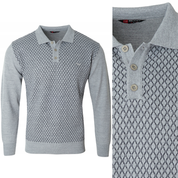 Sweter męski jasno-szary z kołnierzykiem polo na guziki ze ściągaczami wełna ze wzorem - Reymo
