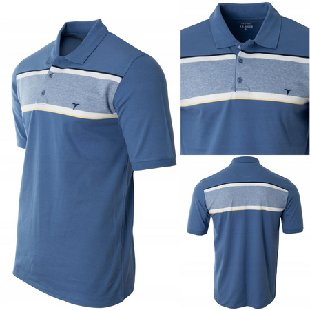 Koszulka męska polo bawełniana niebieska paski dekolt z guzikami kołnierz wiosenna - Reymo