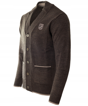 Sweter męski kardigan zapinany na guziki jesienny brązowy gładki ciepły wełniany - Reymo