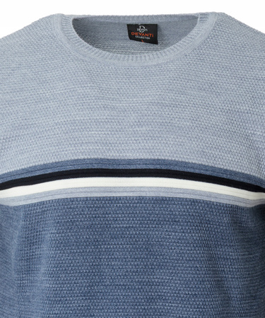 Sweter męski z okrągłym dekoltem wełniany niebiesko-błękitny pasy klasyczny - Devanti