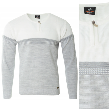 Sweter męski z okrągłym dekoltem na krótki zamek szaro-biały klasyczny - Devanti