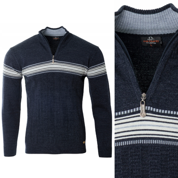 Sweter męski półgolf krótki zamek wełniany granatowy pasy klasyczny - Devanti
