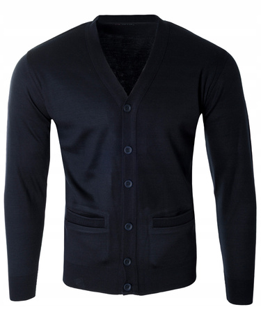 Sweter męski kardigan zapinany na guziki jesienny V-dekolt granatowy gładki wełniany - Devir Orme