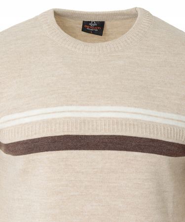 Sweter męski z okrągłym dekoltem beżowy wzór pasy wełniany klasyczny - Devanti