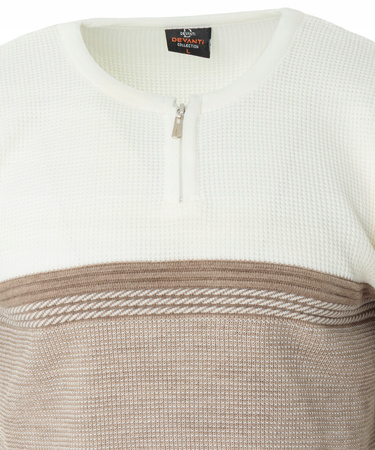 Sweter męski z okrągłym dekoltem na krótki zamek beżowo-biały klasyczny - Devanti