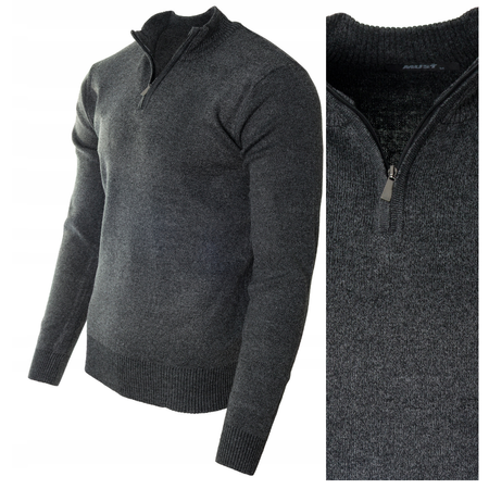 Sweter męski na krótki zamek stójka antracytowy klasyczny - MUST