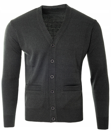 Sweter męski kardigan zapinany na guziki jesienny V-dekolt szary gładki wełniany - Devir Orme