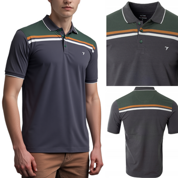 Koszulka męska polo zielono-szara w paski bawełniana dekolt z guzikami kołnierz wiosenna - Reymo