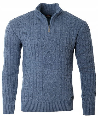 Sweter męski półgolf krótkie zapięcie na zamek niebieski we wzór klasyczny - Devanti