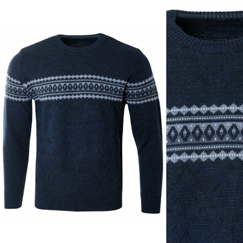 Sweter męski z okrągłym dekoltem granatowy wzór pasy wełna klasyczny - Devir