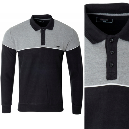 Bluza męska szaro-czarna z kołnierzykiem polo na guziki ze ściągaczami bawełna - Reymo