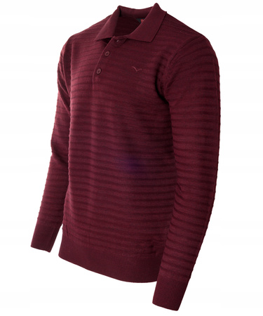 Bluza męska z kołnierzykiem polo na guziki bordowa wzór w pasy ze ściągaczami bawełniana - Reymo