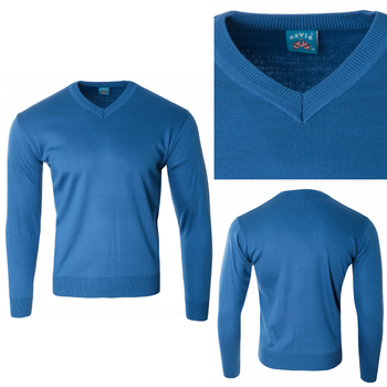 Sweter męski z dekoltem w serek wełniany chabrowy gładki klasyczny - Devir