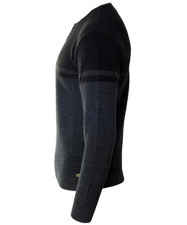Sweter męski z okrągłym dekoltem z guzikami szaro-czarny klasyczny - Devanti