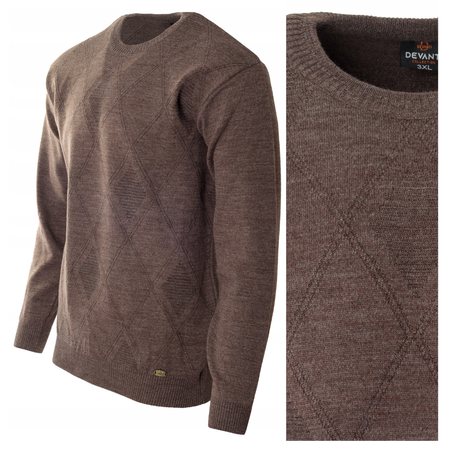 Sweter męski z okrągłym dekoltem brązowy wzór geometryczny wełna klasyczny - Devanti
