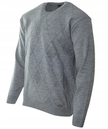 Sweter męski z okrągłym dekoltem szary wzór geometryczny wełna klasyczny - Devanti