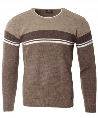 Sweter męski z okrągłym dekoltem brązowy wzór pasy wełniany klasyczny - Devanti