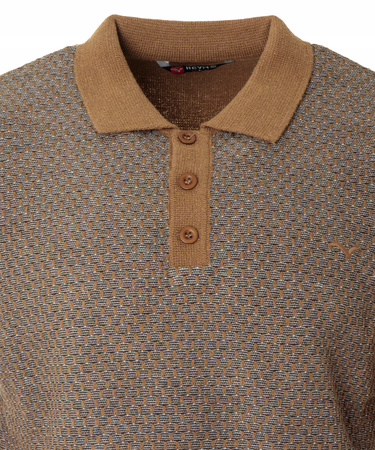 Sweter męski brązowy z kołnierzykiem polo na guziki ze ściągaczami wełna we wzór - Reymo