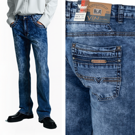 Męskie spodnie jeansy z przetarciami niebieskie - Viman