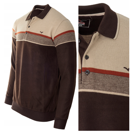 Bluza męska brązowo-beżowa z kołnierzykiem polo na guziki ze ściągaczami bawełniana - Reymo