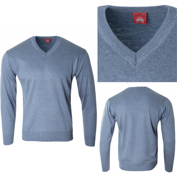 Sweter męski z dekoltem w serek wełniany niebieski gładki klasyczny - Devir