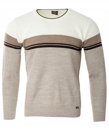 Sweter męski z okrągłym dekoltem beżowy wzór pasy wełniany klasyczny - Devanti