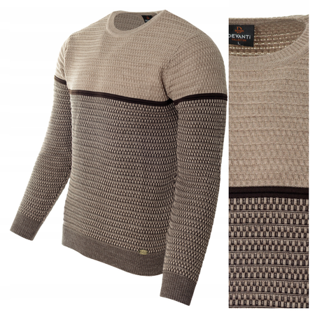 Sweter męski z okrągłym dekoltem brązowy wzór geometryczny pasy wełniany klasyczny - Devanti