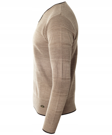 Sweter męski z okrągłym dekoltem krótkie zapięcie na guziki beżowy pasy klasyczny - Devanti