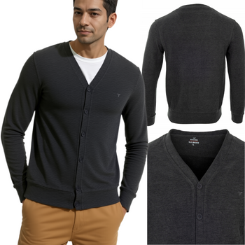 Sweter męski zapinany na guziki wiosenny V-dekolt ciemno-szary gładki - Reymo