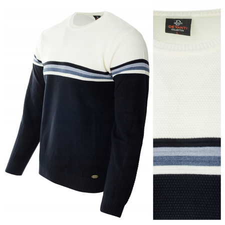 Sweter męski z okrągłym dekoltem granatowo-biały wzór pasy wełniany klasyczny - Devanti