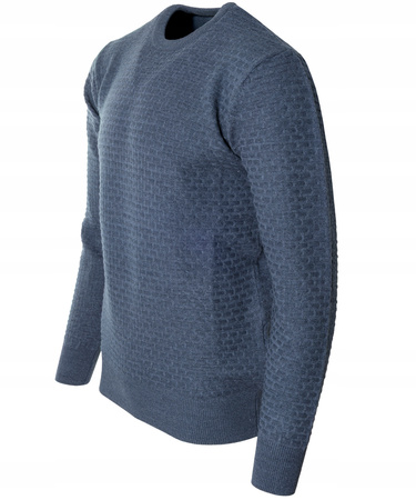 Sweter męski z okrągłym dekoltem pod szyję niebieski we wzór wełniany klasyczny ciepły - Reymo