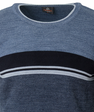 Sweter męski z okrągłym dekoltem niebieski wzór pasy wełniany klasyczny - Devanti