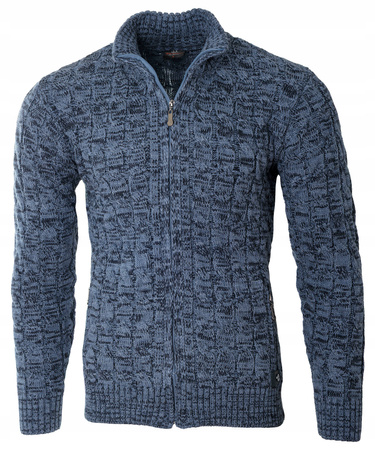 Sweter męski półgolf rozpinany jesienny niebieski ze wzorem wełniany ciepły - Devanti