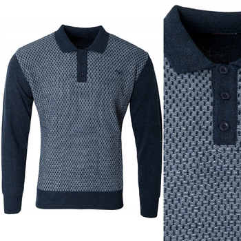Sweter męski granatowy z kołnierzykiem polo na guziki ze ściągaczami wełna we wzór - Reymo