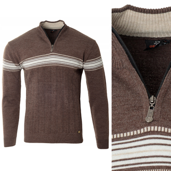 Sweter męski półgolf krótki zamek wełniany brązowy pasy klasyczny - Devanti