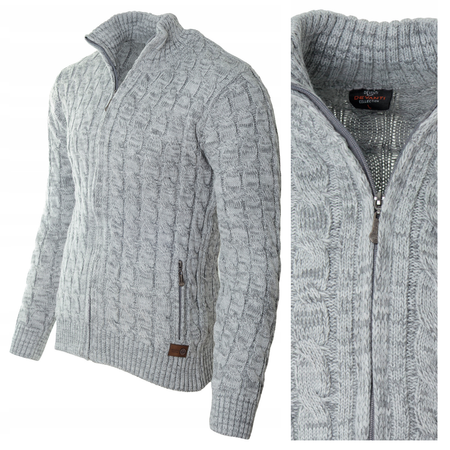 Sweter męski rozpinany szary jesienny jasno-szary ze wzorem wełniany ciepły - Devanti 