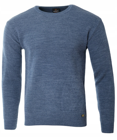Sweter męski z okrągłym dekoltem niebieski wełniany klasyczny - Devanti