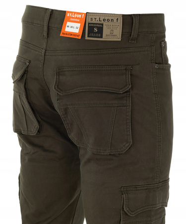 Spodnie męskie bojówki ocieplane polarem bawełniane proste zielone - St. Leon