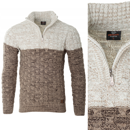 Sweter męski półgolf na krótki zamek jesienny brązowo-beżowy ze wzorem wełniany ciepły - Devanti