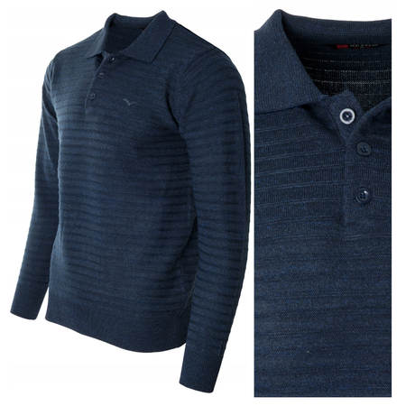 Bluza męska z kołnierzykiem polo na guziki granatowa wzór w pasy ze ściągaczami bawełniana - Reymo