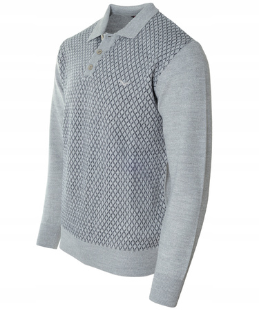 Sweter męski jasno-szary z kołnierzykiem polo na guziki ze ściągaczami wełna ze wzorem - Reymo