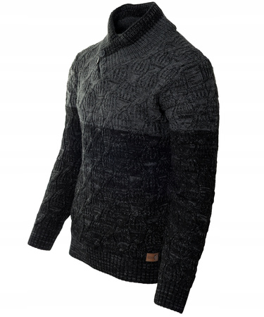 Sweter męski z okrągłym dekoltem zapięcie na krótki zamek i guziki czarny klasyczny - Devanti