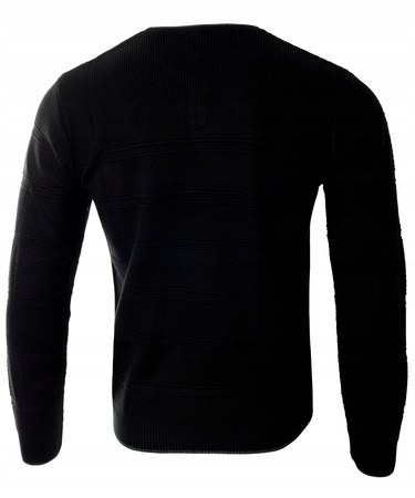 Sweter męski z okrągłym dekoltem krótkie zapięcie na guziki czarny pasy klasyczny - Devanti