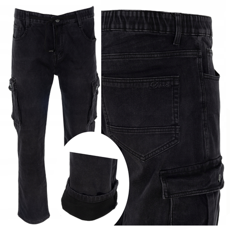 Męskie bojówki ocieplane polarem czarne robocze na gumce - Gemello