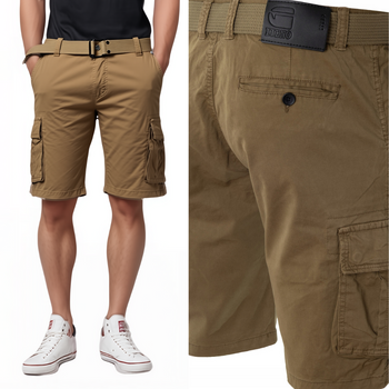 Spodenki męskie krótkie bojówki bawełniane ciemno-beżowe pasek - ITENO