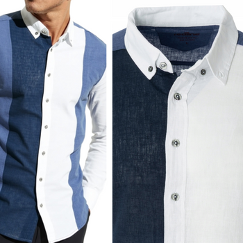 Koszula męska lniana casual niebieska w pasy letnia przewiewna - Redline