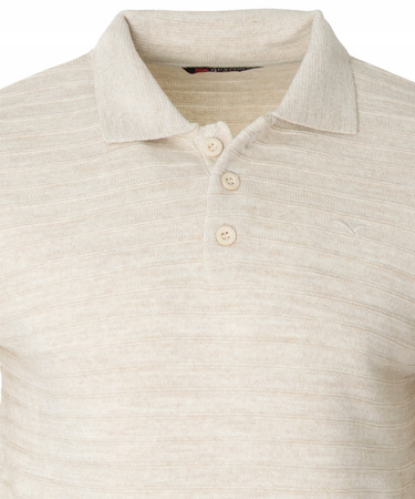 Bluza męska z kołnierzykiem polo na guziki beżowa wzór w pasy ze ściągaczami bawełniana - Reymo