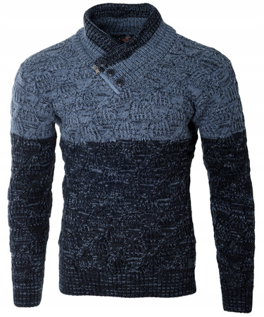 Sweter męski z okrągłym dekoltem zapięcie na krótki zamek i guziki niebieski klasyczny - Devanti