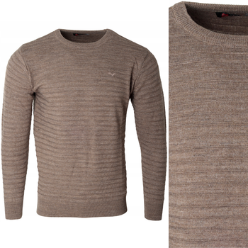 Sweter męski z okrągłym dekoltem pod szyję beżowy pasy wełniany klasyczny ciepły - Reymo