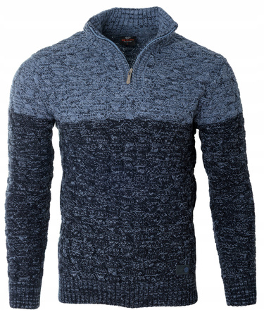 Sweter męski półgolf na krótki zamek jesienny granatowo-niebieski ze wzorem wełniany ciepły - Devanti